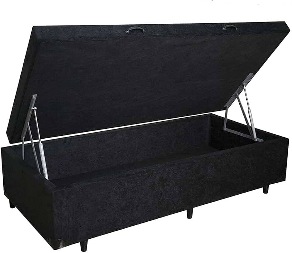 Cama Box Baú Solteiro Blindado Suede Preto com pistão a gas