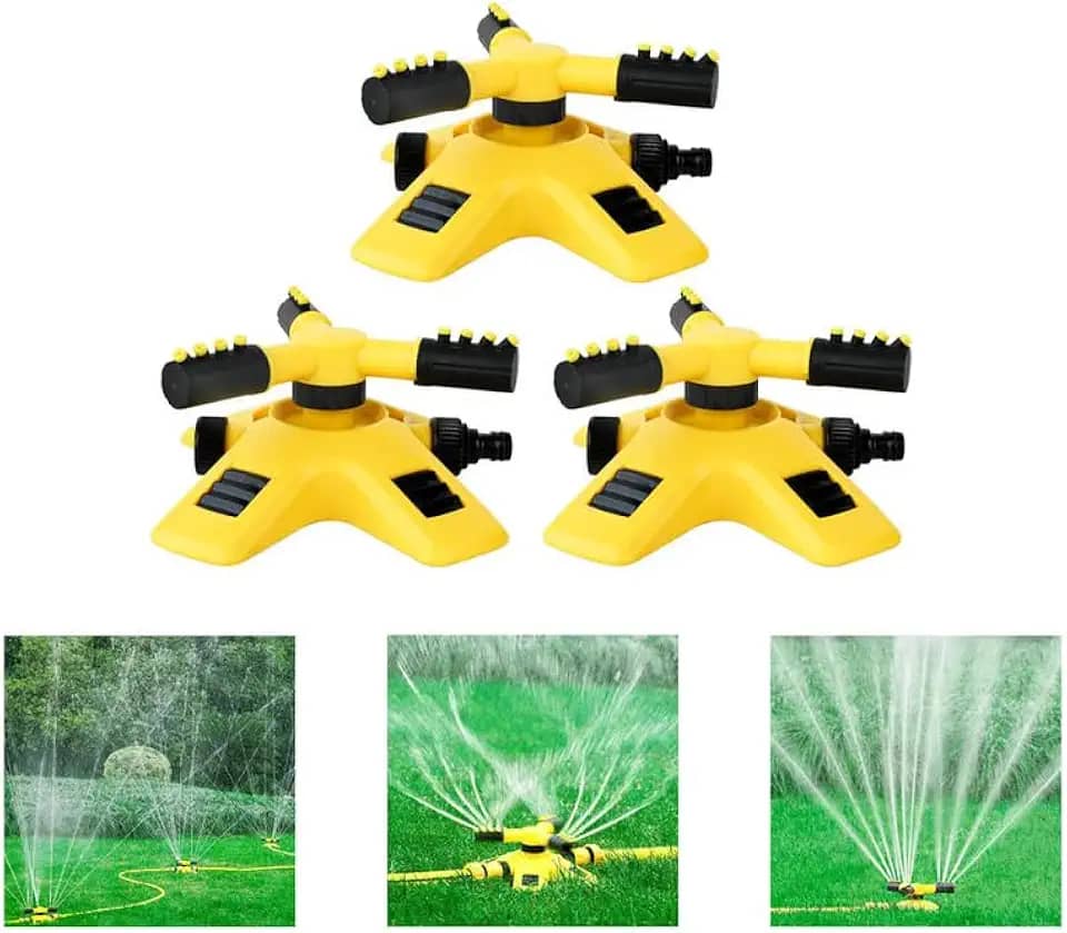 Kit 3 Irrigadores de Jardim Giratórios 360°, 2 Modos de Rega, Base Amarela, Alcance 8,07 cm, Conexão em Série