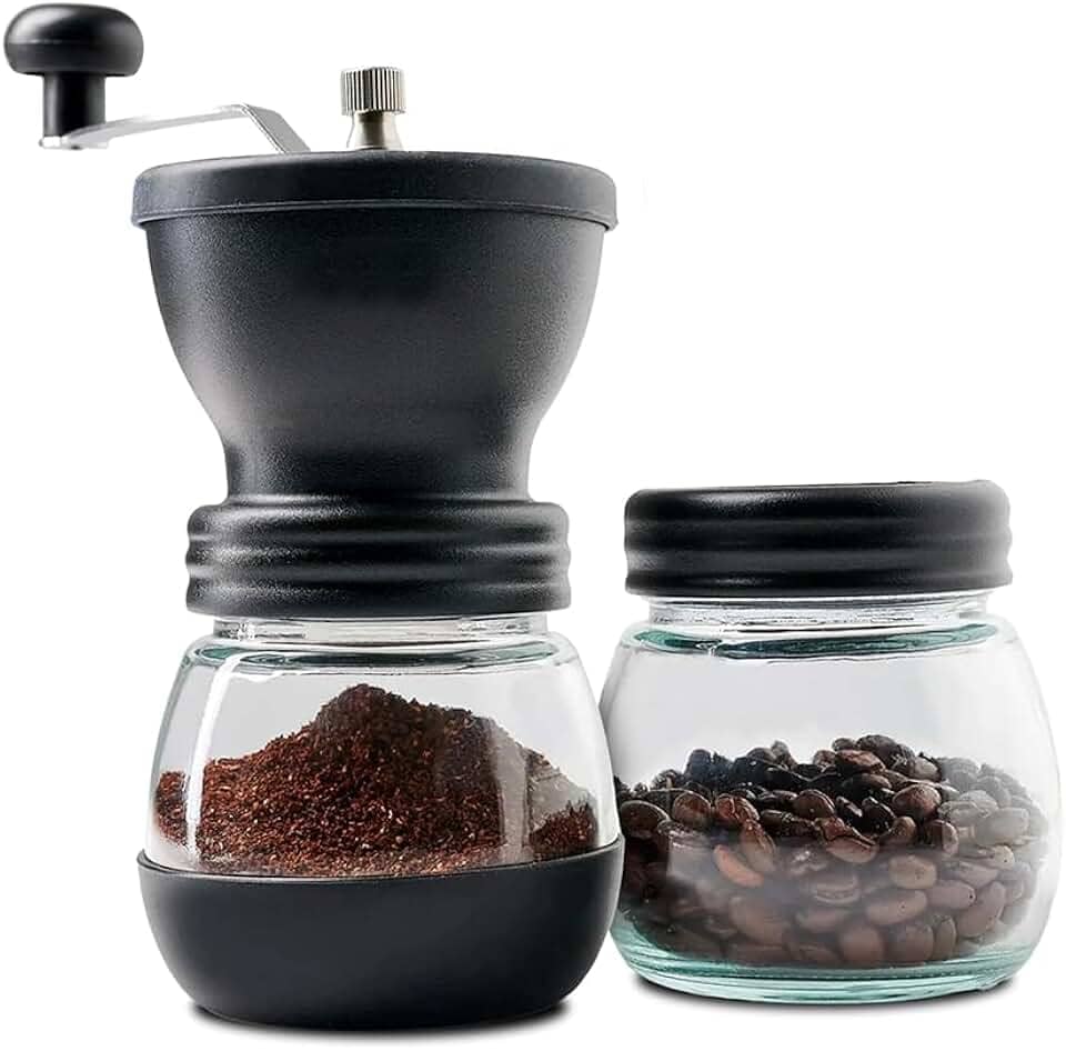 Moedor de Café Manual Premium Moinho Ajustável com Manivela Recipiente de Vidro Duplo para Grãos e Pó Base Antiderrapante Cerâmica Preta