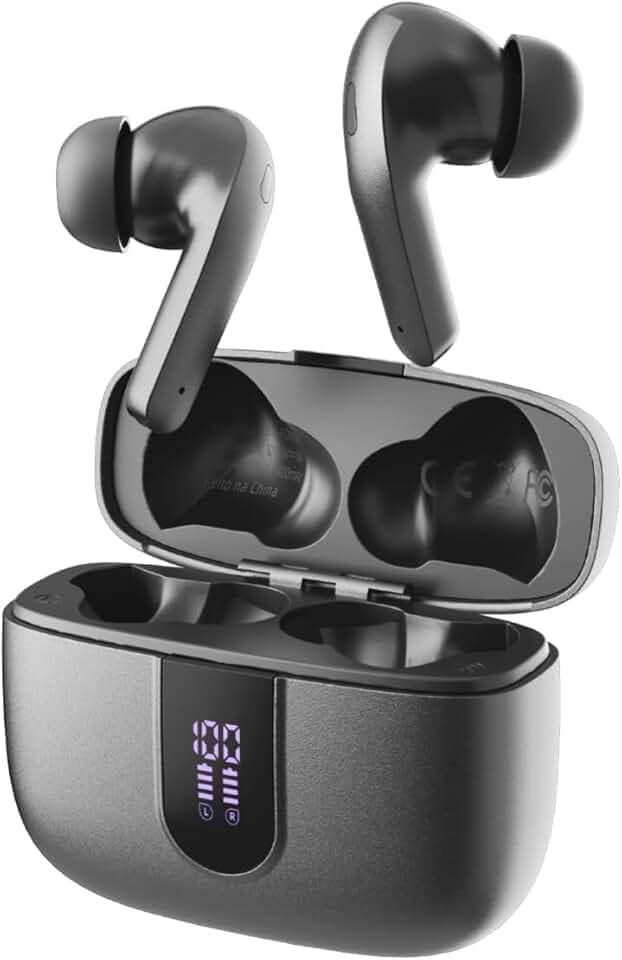 Fone de Ouvido Sem Fio Bluetooth, 40 Horas de Reprodução com Display LED, Estéreo Intra-Auricular Esportivo, IPX5 à Prova D'Água, Suporta chamadas de voz, adequadas para Android e IOS (Cinza)