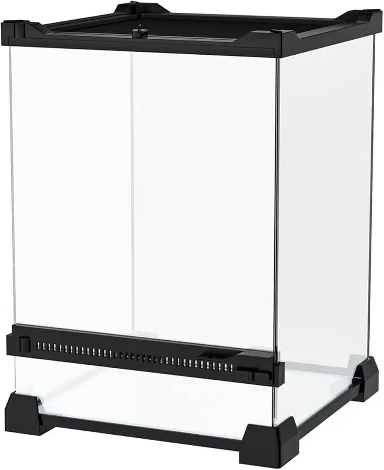 Terrário para répteis mini, 20 x 20 x 30 cm, tanque de vidro de abertura frontal com tampa e trava de malha, caixa de vidro de 360° para pequenos répteis, sapos, tarântulas, aranhas saltadoras e