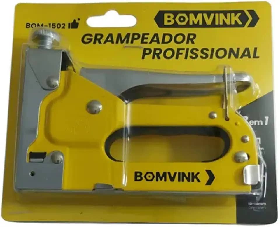 Grampeador Profissional, Amarelo, 3 Tipos de Grampo, 4-14mm, com Estrutura Metálica Reforçada, para Tapeçaria e Estofamento