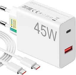 Carregador Universal Super Turbo 45W - 2 Saídas USB-C e USB-A, acompanha Cabo Emborrachado de 1M Ultra Rapido (Tipo-C para Tipo-C), Compatível com iPhone 15 e 16 e todos os Android