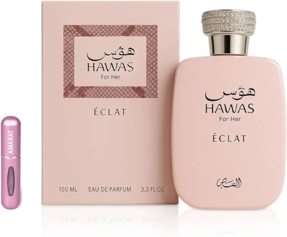 Perfume Hawas Éclat Eau de Parfum de 100 ml, perfume árabe para mulher de longa duração, inclui atomizador recarregável, fragrância feminina floral e luminoso, com notas de líchia, rosa e incenso