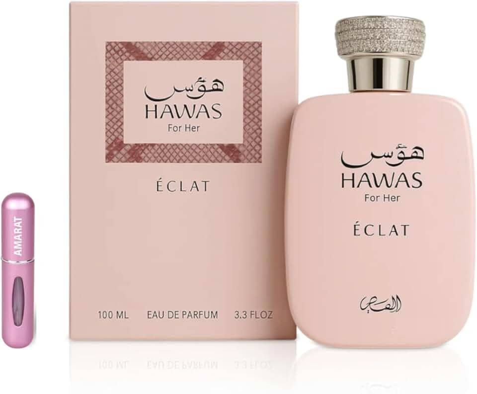 Perfume Hawas Éclat Eau de Parfum de 100 ml, perfume árabe para mulher de longa duração, inclui atomizador recarregável, fragrância feminina floral e luminoso, com notas de líchia, rosa e incenso