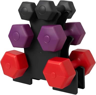 Kit 3 Pares de Halteres Sextavado de Plástico 1kg 2kg 3kg com Rack Suporte Preto Musculação Academia Fisioterapia - Lojas Tahara