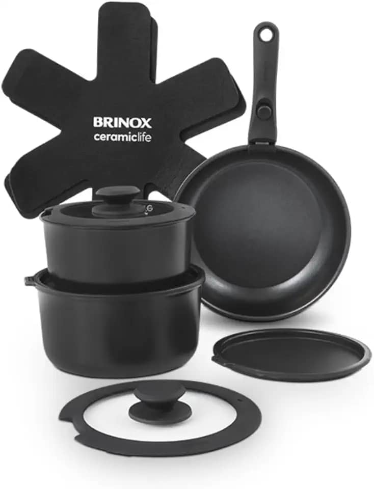 Brinox - Jogo de Panelas Antiaderente Ceramic Life 10 Peças Cabo Removível Fit - Preto