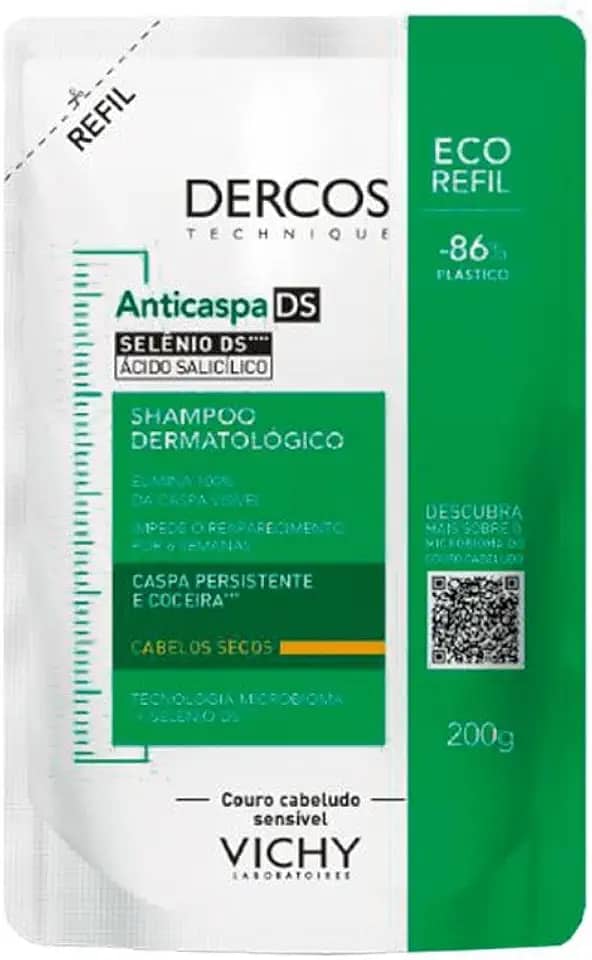 Vichy Dercos DS Refil Shampoo Anticaspa, Tratamento para Cabelos Secos, Elimina 100% da Caspa Visível, Alivia a Coceira e Previne o Reaparecimento por 6 Semanas, 200g