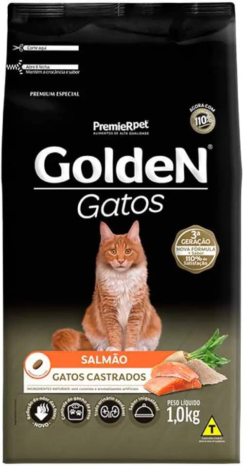 Ração Golden para Gatos Adultos Castrados Sabor Salmão, Premier Pet, 1kg