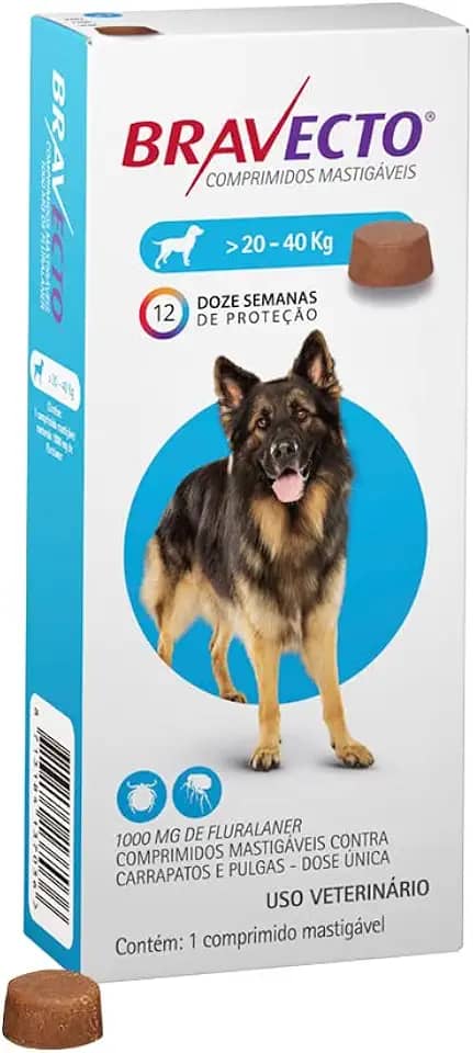 Bravecto® Cães 1000mg - Antipulgas e Carrapatos - Cães de 20 a 40kg - 1 Comp. Mastigável - MSD Saúde Animal