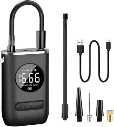 Compressor de Ar Portátil Recarregável 150 PSI com Bateria Dupla 2000mAh*2, Display Digital LED, Luz de Emergência e 4 Modos de Inflação para Carro, Moto, Bicicleta e Infláveis