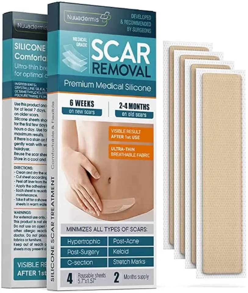 Folhas, tiras e fitas para cicatrizes de silicone - Queloide, cesariana, cirúrgica - Tratamento para remoção de cicatrizes - Bandagem de creme de gel de silicone - Cirurgia de abdominoplastia - 4 pa