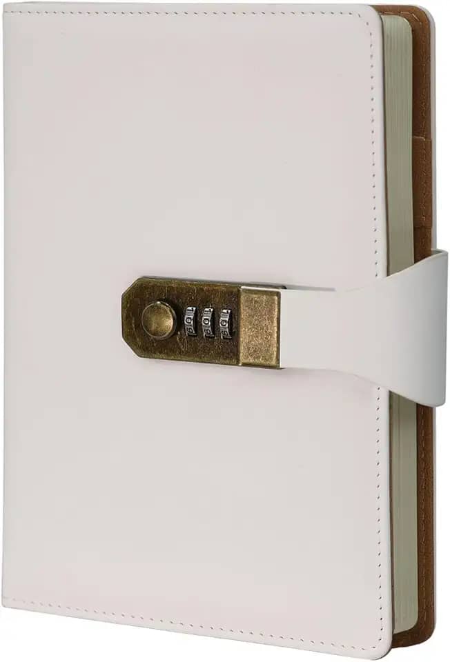 LUMAI Caderno Diário com Cadeado e Fechadura Secreta, Ideal para Anotações, Projetos, Privacidade e Criatividade, Folhas Com Pauta Linhas, Capa de Couro Resistente e Design Minimalista – Branco