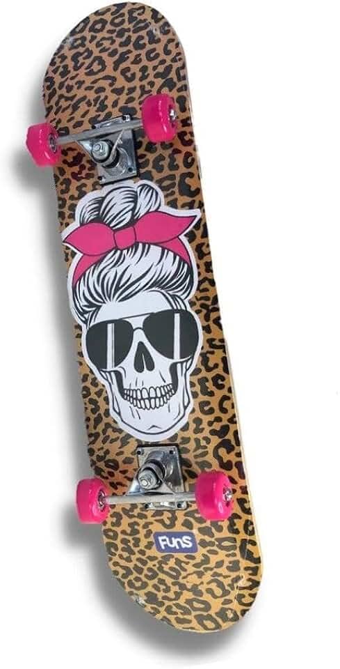 Skate Infantil Feminino, 73cm, Madeira e Alumínio, Laranja e Preto, Estampa Oncinha com Caveira, Rodas PVC, Manual, para Iniciantes