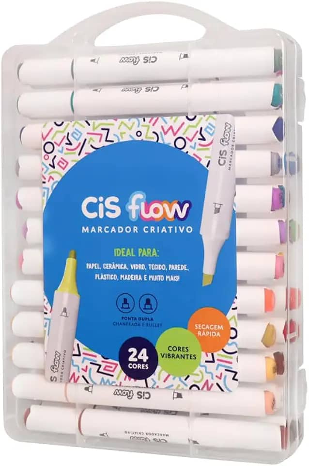 Marcador Criativo Acrílico CIS FLOW, Ponta dupla, Não transfere para o outro lado, Estojo com 24 cores