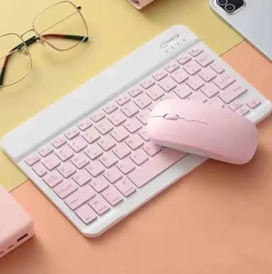 Kit Teclado E Mouse Sem Fio Bluetooth Colorido Para Tablet Pc iPad (Rosa)