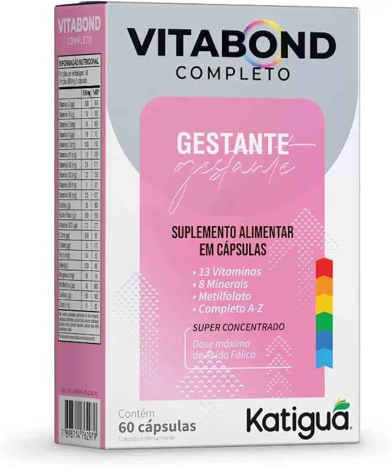 Katiguá, Polivitamínico Vitabond Gestante, Completo de A a Z, Com 13 Vitaminas, 8 Minerais, Metilfolato e Vitamina de A a Z, Super Concentrado, 60 Cápsulas rígidas • 60 doses