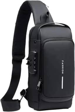 Mochila Masculina Antifurto com Cadeado, Impermeável, Porta USB de Carregamento, Bolsa de Ombro Transversal Compacta para Trabalho, Viagem e Uso Diário