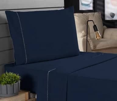 Jogo de Cama Classic Solteiro Percal 400 Fios Ponto Palito 03 Peças, Antiácaro, Anti-pilling com Toque Macio - Azul Marinho