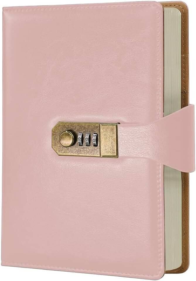 LUMAI Caderno Diário com Cadeado e Senha A5 288 Páginas Capa Couro Sintético Pautado Agenda Privado Feminino Masculino Anotações Escola Trabalho Viagem Segredo Pensamentos (Rosa)