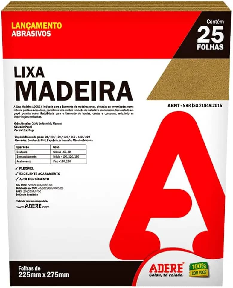 Folha Lixa madeira Papel Bege Adere Lmd120 225mmx275mm - 25 Folhas