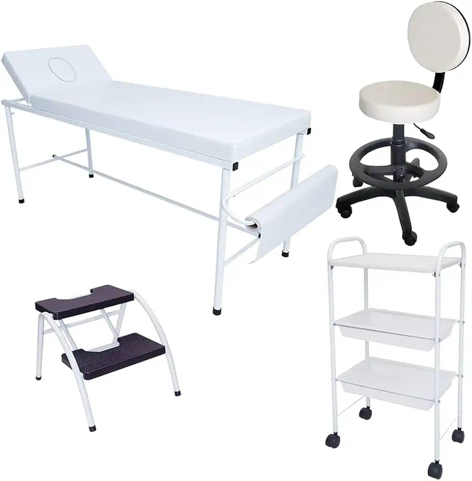 Kit Estética Branco Maca Fixa, Mocho, Escada e Carrinho Auxi