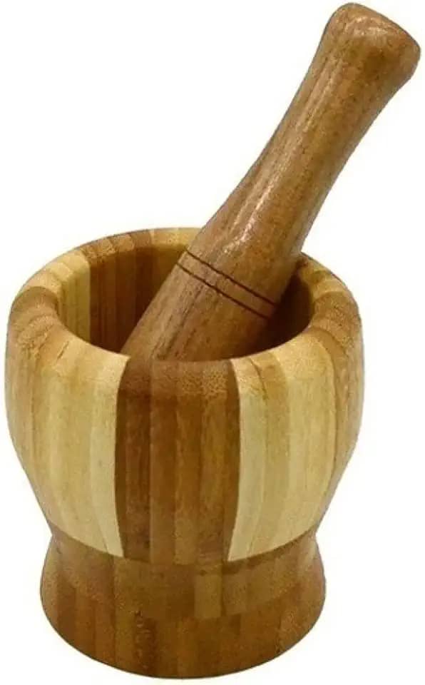 Pilão de Bambu com Socador para Sal Pimenta Alho Especiarias e Temperos
