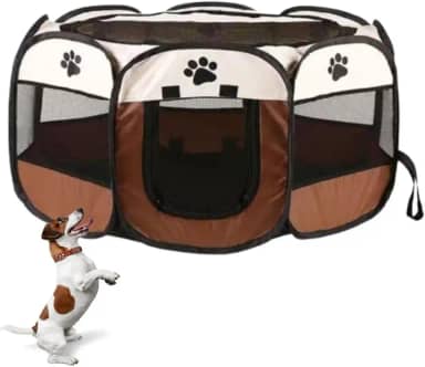 Tenda Cercado Dobrável para Pet – Portátil, com Tela Anti-mosquito, Zíper Superior e Porta Enrolável | Fácil de Montar e Transportar | Impermeável | Casinha Pet | Cercadinho | Cachorro Gato (Marrom)