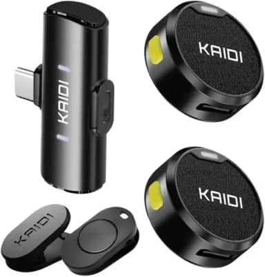 Microfone de Lapela Sem Fio Bluetooth Kit 2 Microfonones Abafamento de Ruído Até 10 Horas Tempo de Trabalho Compatível com Camera, iPhone, Android, PC - Conexão Android e USB-C - Linha Kaidi Premium
