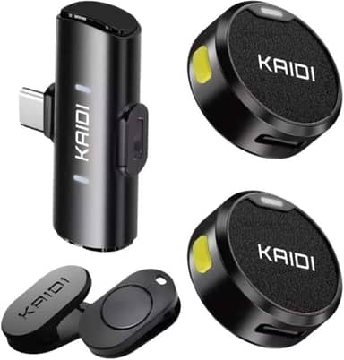 Microfone de Lapela Sem Fio Bluetooth Kit 2 Microfonones Abafamento de Ruído Até 10 Horas Tempo de Trabalho Compatível com Camera, iPhone, Android, PC - Conexão Android e USB-C - Linha Kaidi Premium