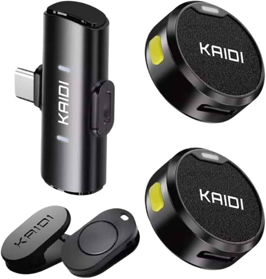 Microfone de Lapela Sem Fio Bluetooth Kit 2 Microfonones Abafamento de Ruído Até 10 Horas Tempo de Trabalho Compatível com Camera, iPhone, Android, PC - Conexão Android e USB-C - Linha Kaidi Premium
