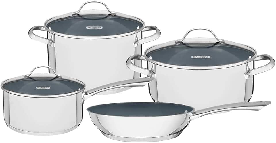 Jogo de Panelas Tramontina Una Ceramic em Aço Inox Fundo Triplo com Revestimento Interno Cerâmico Grafite 4 Peças