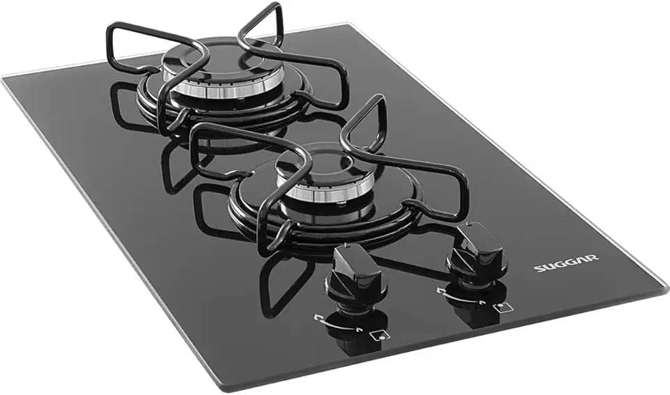 SUGGAR COOKTOP A GÁS VIDRO PRETO 2 QUEIMADORES ESMALTADOS DIFERENTES TAMANHOS FG2002AVP