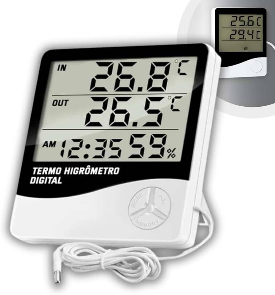 Termômetro e Higrômetro Digital com Sonda Externa, Modelo: HTC-2, Alta Precisão, Memória de Máx e Mín, Relógio Integrado, Display Fácil Leitura, Cabo 90cm, Freezer, Aquário - Qualidade Premium LNSTORE