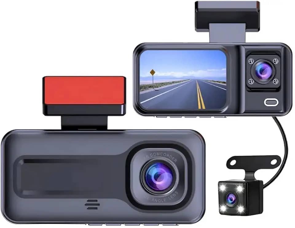 Câmera Veicular - NOVA Versão Full HD 1080p com 3 Câmeras (Frontal+Interna+Traseira) Visão Noturna, Sensor de Colisão, Detecção de Movimento, Estacionamento e Suporte Micro SD