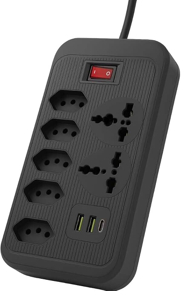 Extensão Tomada,Filtro de Linha, Régua Tomadas,Régua de Energia, 5 Tomadas, 2 Portas USB, 1 Porta USB Tipo-C, 2 Tomada Universal, Cabo de Alimentação de 2 metros (Preto)
