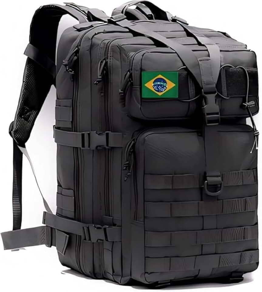 Mochila Militar 50 Litros Reforçada Impermeável Tática a Prova Dagua Grande para Camping Viagem Cargueira Masculina Feminina Notebook Preta com Sistema Molle e Bandeira Next Ecommerce