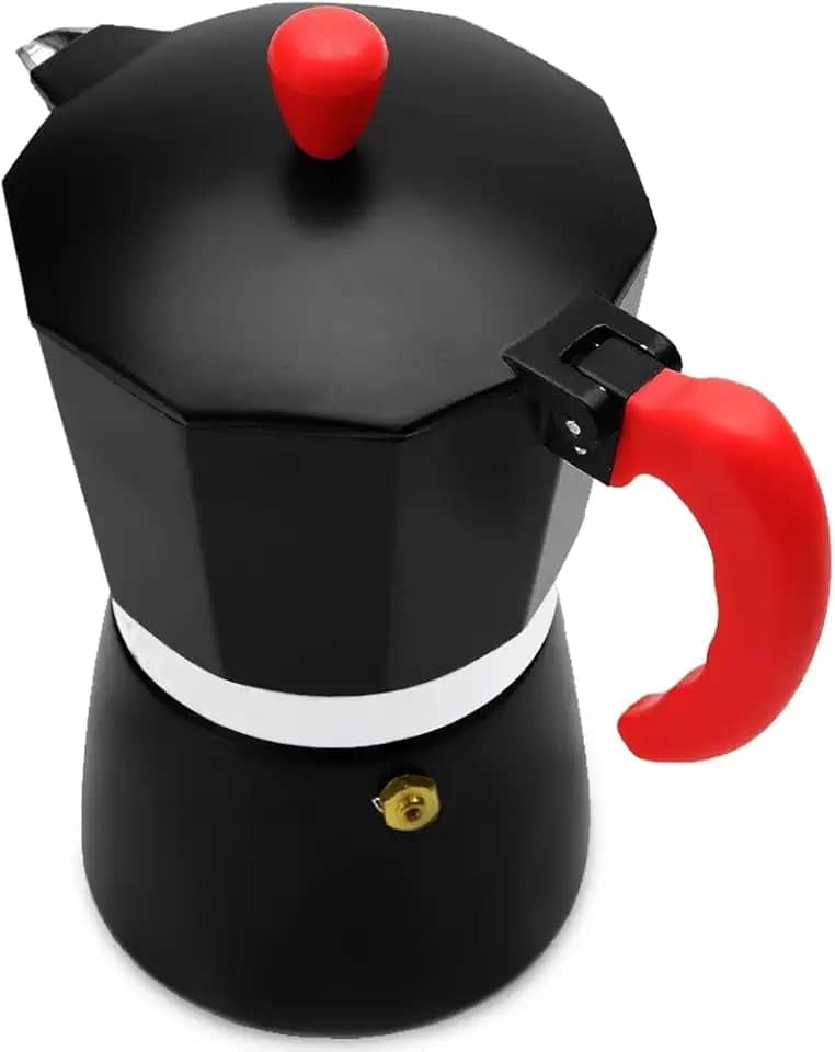 Cafeteira Italiana Moka Fogão Indução e a Gás Premium Preta com Alça Vermelha 300 ML – 6 Xícaras – Alumínio Resistente – Válvula de Segurança - Café Espresso – Design Clássico e Elegante