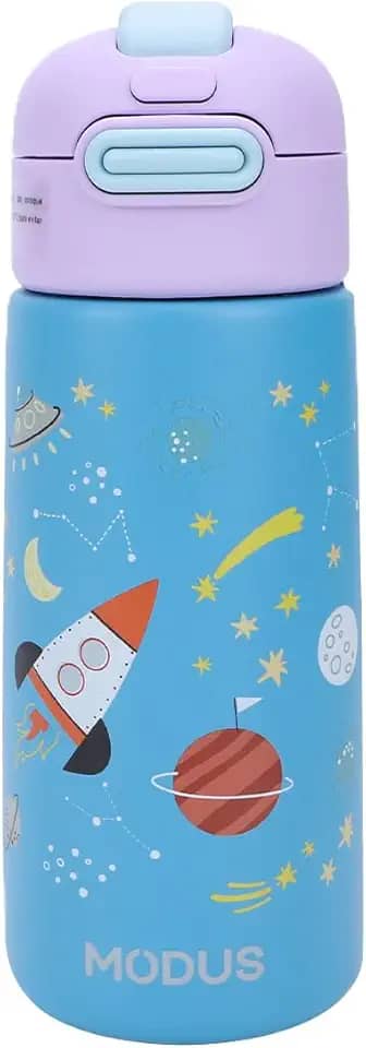 Garrafa Térmica Infantil - 500mL, Parede Dupla Livre de BPA, Anti Vazamento, com Canudo Silicone (Azul Espaço Sideral)