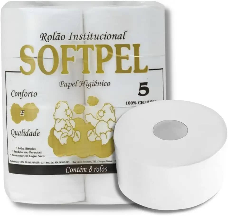 Papel Higiênico Softpel, Rolão 10cm x 200m, Celulose 100%, 8 Unidades