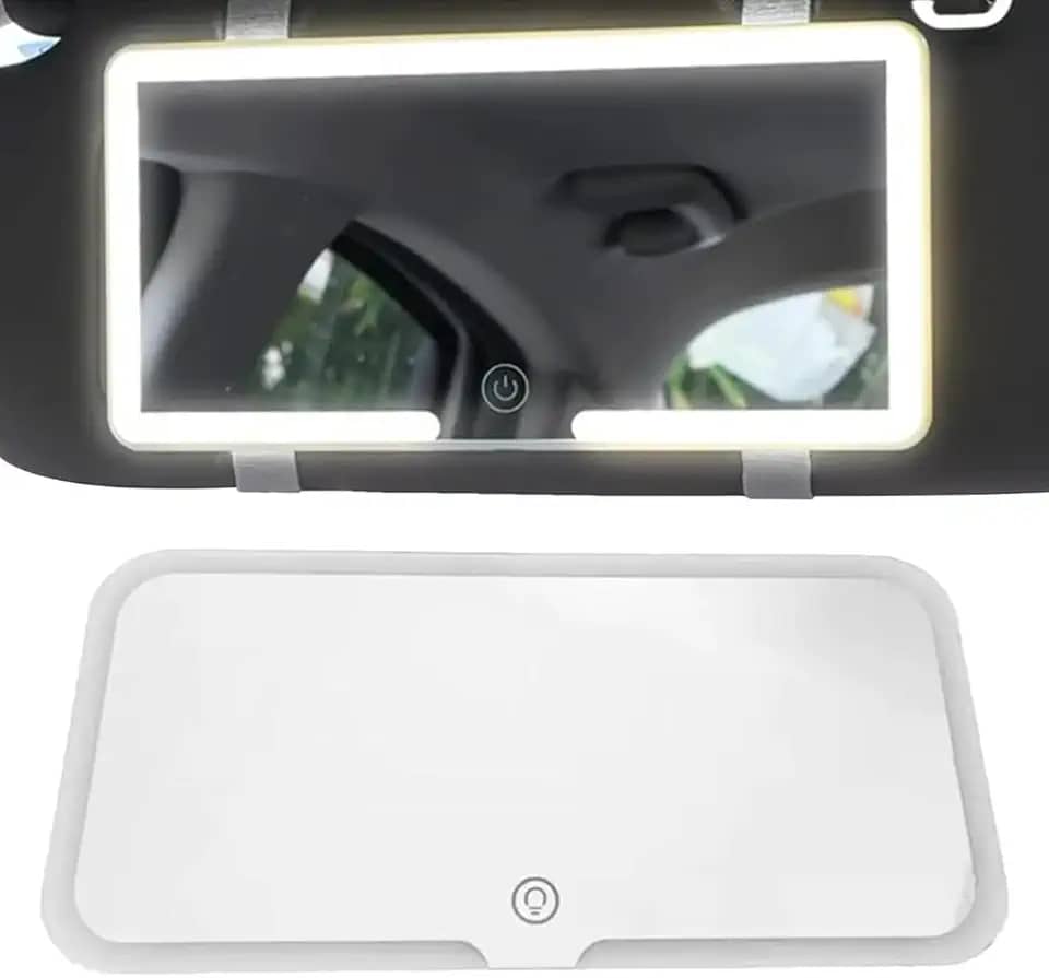 Espelho para Carro Viseira Quebra Sol Espelho de Maquiagem com Iluminação LED Recarregável USB, Portátil com Controle Touch, 3 Cores de Luz Universál