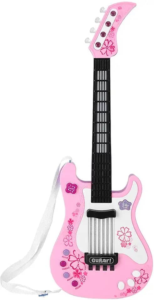 Guitarra de Brinquedo Infantil, Brinquedo de Instrumento Musical Multifuncional de Imitação de Baixo Rock para Crianças (Rosa)