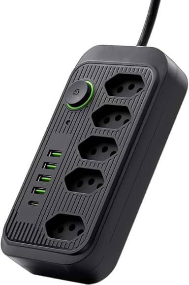 Filtro de Linha, Extensão Tomada, Régua Tomada, Régua de Energia (5 Tomadas + 4 USB + 1 USB-C) – Extensão Elétrica Bivolt 110–220V com Cabo de 2 m | Ideal para Casa, Escritório e Home Office