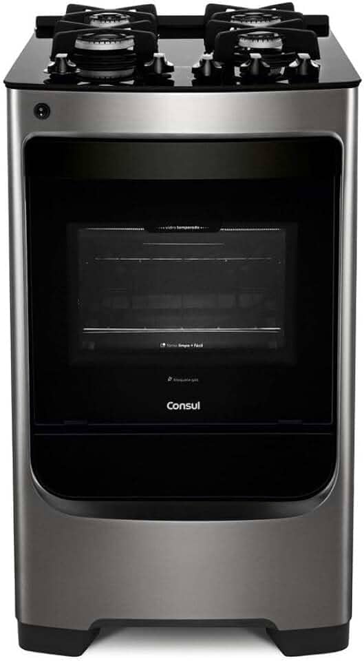 Fogão Consul 4 bocas cor Inox com mesa de vidro e grade de ferro fundido - CFO4VAR BIVOLT