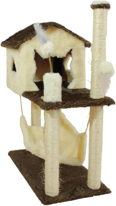Arranhador Casa para Gato com Brinquedo e Poste de Sisal – Creme