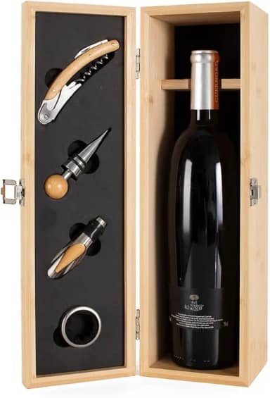 Kit Presente Caixa Vinho e Charme – Caixa de Bambu com 4 Itens de Luxo