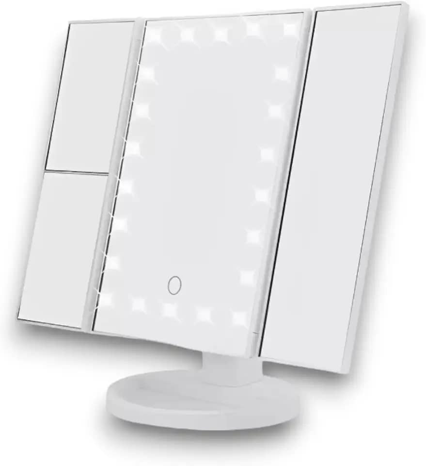 Espelho de Maquiagem LED Dobrável com Regulagem de Luz: Iluminação Tipo Camarim, Touch, Zoom, Portátil para Penteadeira - NEXUS MARKET