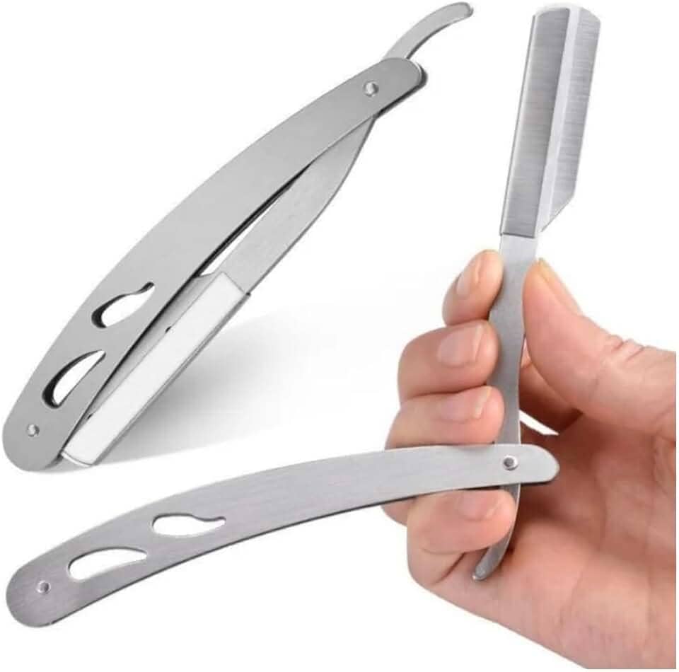 Navalhete Profissional de Barbeiro em Aço Inoxidável – Cabo Metálico Prata | Navalha Clássica para Barba e Acabamento Preciso