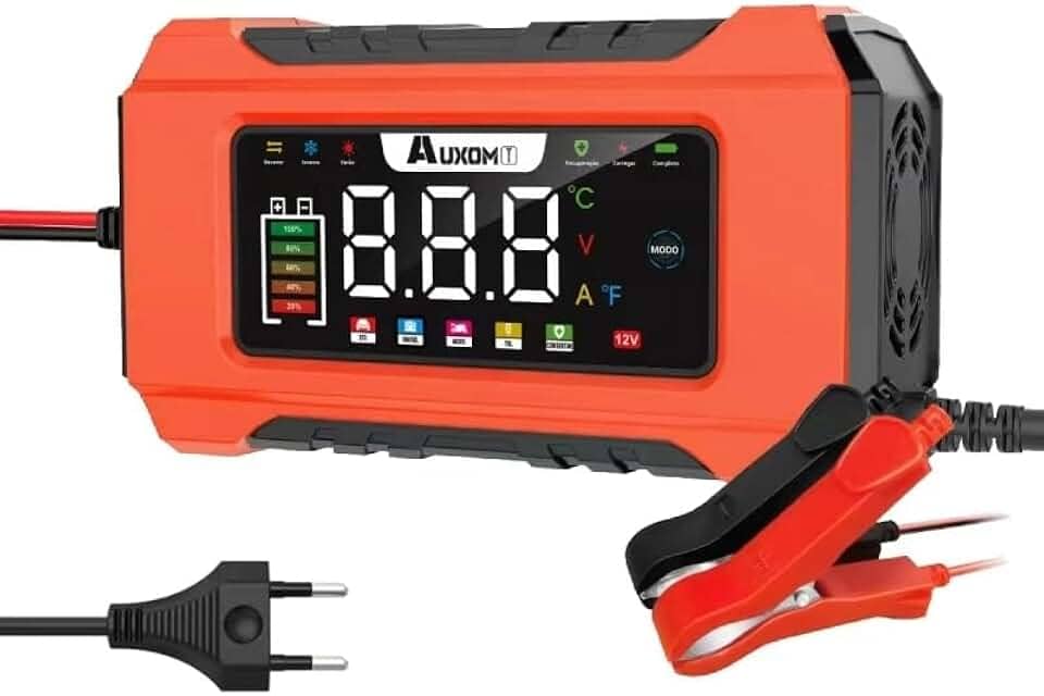 Carregador de Bateria Automático Inteligente 12V com Tela LCD – Modelo RJ-C120501B, Compatível com Baterias de Chumbo-Ácido, Entrada 110–230V