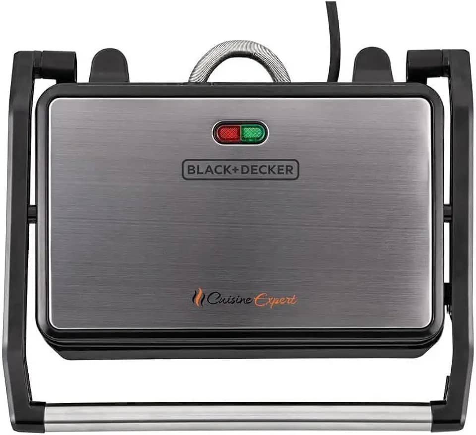 BLACK+DECKER Grill Elétrico Cuisine Expert, Grill com Chapas Antiaderentes e Caixa Coletora de Gordura, Potência 800W, Preto e Inox, Modelo G1200, 220V